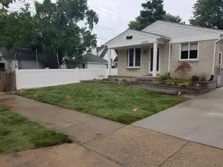 Newly sodded lawn after drainage system installation