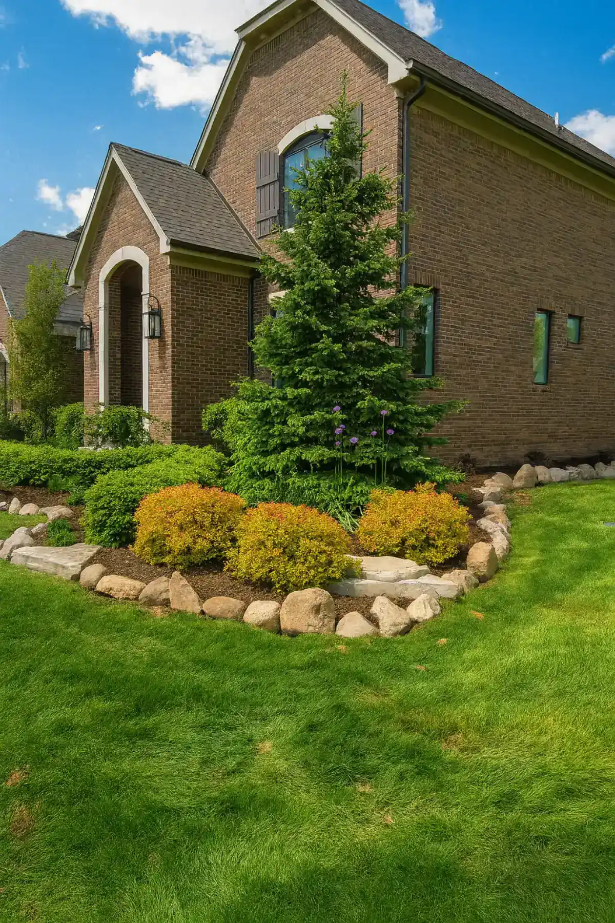 Upscale landscape design with curved boulder bed, golden spirea, and blue spruce by The Guy Outdoor Services