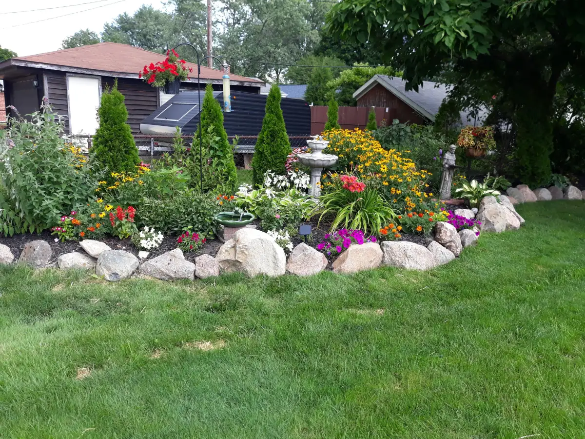 Colorful perennial garden with black-eyed Susans, petunias, and birdbath