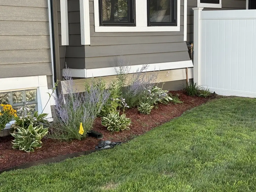 Rain garden with native plants and natural stone edging for stormwater management
