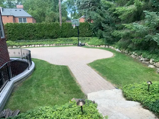 Backyard with landscape lighting along paver walkway