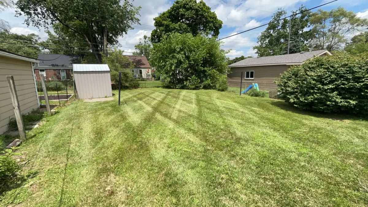 Fresh mowing stripes on residential backyard lawn
